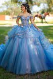 Blå Off The Shoulder Tyll Blonder Appliqued Quinceanera Kjole