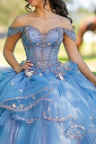Blå Off The Shoulder Tyll Blonder Appliqued Quinceanera Kjole