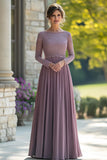 Svart slips Vintage Mauve Column Scoop Chiffon Lang Brudens mor kjole med blonder applikasjoner