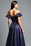 Off the Shoulder Navy Sateng En linje formell kjole
