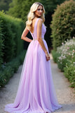 Lilac A Line Dyp V-hals Lang Ballkjole Med Perlebesler.
