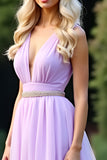 Lilac A Line Dyp V-hals Lang Ballkjole Med Perlebesler.
