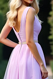 Lilac A Line Dyp V-hals Lang Ballkjole Med Perlebesler.