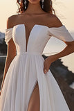 En linje lvory Off The Shoulder Lang brudekjole med splitt
