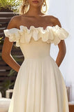 Påskelilje Ruffled Off The Shoulder Chiffon Lang Bryllupsgjest Kjole