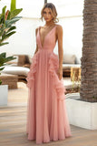 Rosa Chiffon Ruffled A Line Bryllupsgjest Kjole
