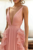 Rosa Chiffon Ruffled A Line Bryllupsgjest Kjole