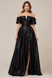 Svart sateng Off the Shoulder A Line Ballkjole med Splitt