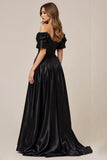 Svart sateng Off the Shoulder A Line Ballkjole med Splitt