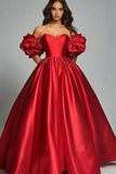 Rød Off The Shoulder En linje sateng ruffles ballkjole