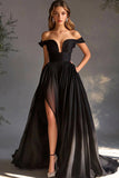 Svart Off The Shoulder A Line Chiffon Ballkjole