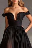 Svart Off The Shoulder A Line Chiffon Ballkjole