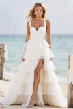 Hvit A Line Lagdelt Organza Ballkjole