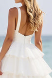 Hvit A Line Lagdelt Organza Ballkjole