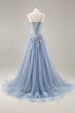 Dusty Blue A Line Stroppeløs Sheer Korsett Beaded Lang Ballkjole med Splitt