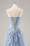 Dusty Blue A Line Stroppeløs Sheer Korsett Beaded Lang Ballkjole med Splitt