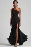 Svart Chiffon One Shoulder Havfrue Formell Kjole Med Splitt