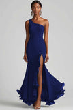 Svart Chiffon One Shoulder Havfrue Formell Kjole Med Splitt
