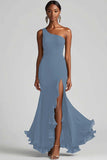 Svart Chiffon One Shoulder Havfrue Formell Kjole Med Splitt