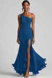 Svart Chiffon One Shoulder Havfrue Formell Kjole Med Splitt