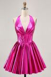 Metallisk Fuchsia Halter Plissert Homecoming Kjole
