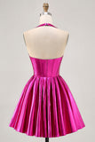 Metallisk Fuchsia Halter Plissert Homecoming Kjole