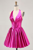 Metallisk Fuchsia Halter Plissert Homecoming Kjole