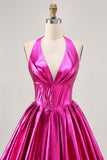 Metallisk Fuchsia Halter Plissert Homecoming Kjole