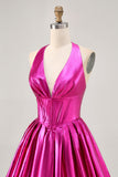 Metallisk Fuchsia Halter Plissert Homecoming Kjole