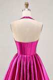 Metallisk Fuchsia Halter Plissert Homecoming Kjole