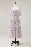 Off The Shoulder Lilla Blomst Trykt A Line Brudegjest Kjole