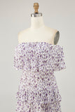 Off The Shoulder Lilla Blomst Trykt A Line Brudegjest Kjole