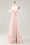 Off The Shoulder Blush Ruffled A Line Brudepikekjole med splitt