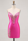 Fuchsia Stroppeløs Beaded Bodycon Homecoming Kjole med Splitt