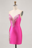 Fuchsia Stroppeløs Beaded Bodycon Homecoming Kjole med Splitt