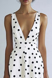 Hvit A Line V-hals Svart Polka Dots Kjole