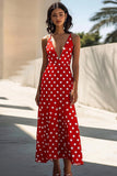 Rød Spaghetti Stropper V-hals A Line Hvit Polka Dots Kjole