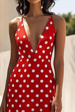 Rød Spaghetti Stropper V-hals A Line Hvit Polka Dots Kjole