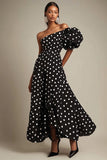 En skulder A Line Svart Hvit Polka Dots Kjole