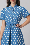 Blå A Line Hvit Polka Dots Kjole med Korte Ermer