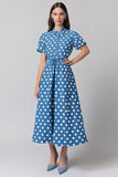 Blå A Line Hvit Polka Dots Kjole med Korte Ermer