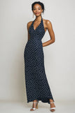 Halter Navy Slire Lang Hvit Polka Dots Kjole