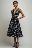 Svart Hvit V-hals A Line Polka Dots Kjole