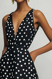 Svart Hvit V-hals A Line Polka Dots Kjole