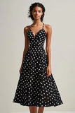 Svart Hvit Spaghetti Stropper A-linje Polka Dots Kjole