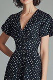 En linje V-hals Svart Hvit Polka Dots Kjole med korte ermer