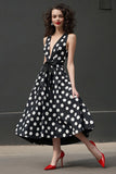 Svart Hvit A Line V-hals Polka Dots Kjole