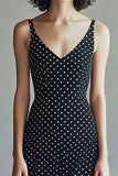 A-linje Spaghetti Stropper Svart Hvit V-hals Polka Dots Kjole