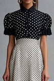 Vintage Ruffled Jakkeslag Hals Svart Hvit Polka Dots Kjole
