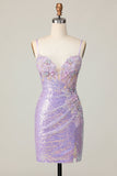 Glitrende Lilla Bodycon Korsett Paljetter Homecoming Kjole med 3D-blomster